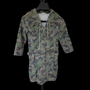 LITZ Premium Denim Camouflage Lace Up Cargo Mini Dress Green Brown Size S